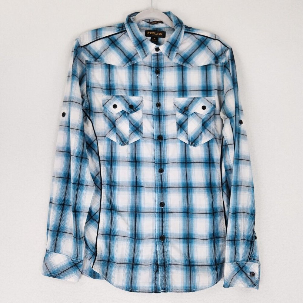 Helix Shirt Mens Small Blue White Plaid Button Down Western Roll Tab Sleeve